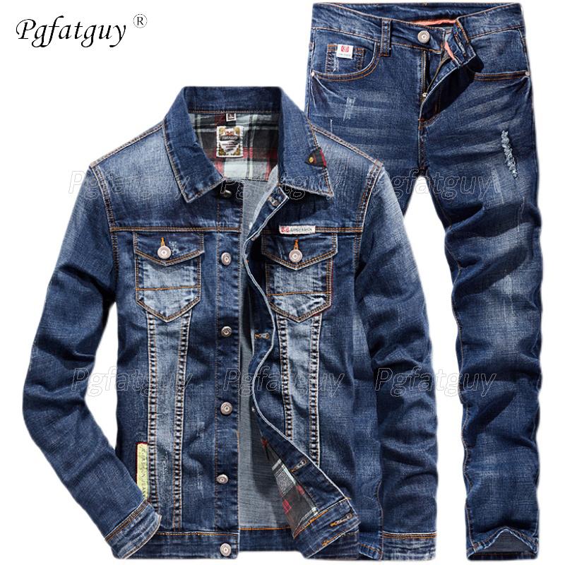 Men's Tracksuits Fashion Slim Sets Spring Autumn Dark Blue Denim Cotton Long Sleeve Jacket + Ripped Hole Jeans Couple Two Piece Set