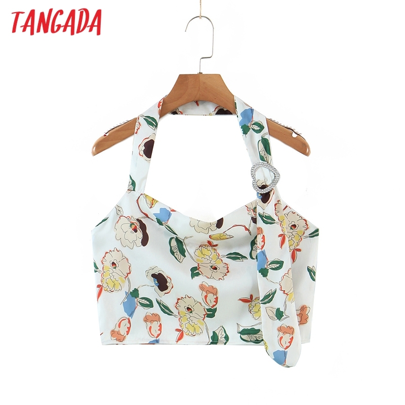 Women Floral Print Halter Camis Crop Top Beading Heart Decorate Backless Short Blouses Shirts Female Tops DZ9 210416