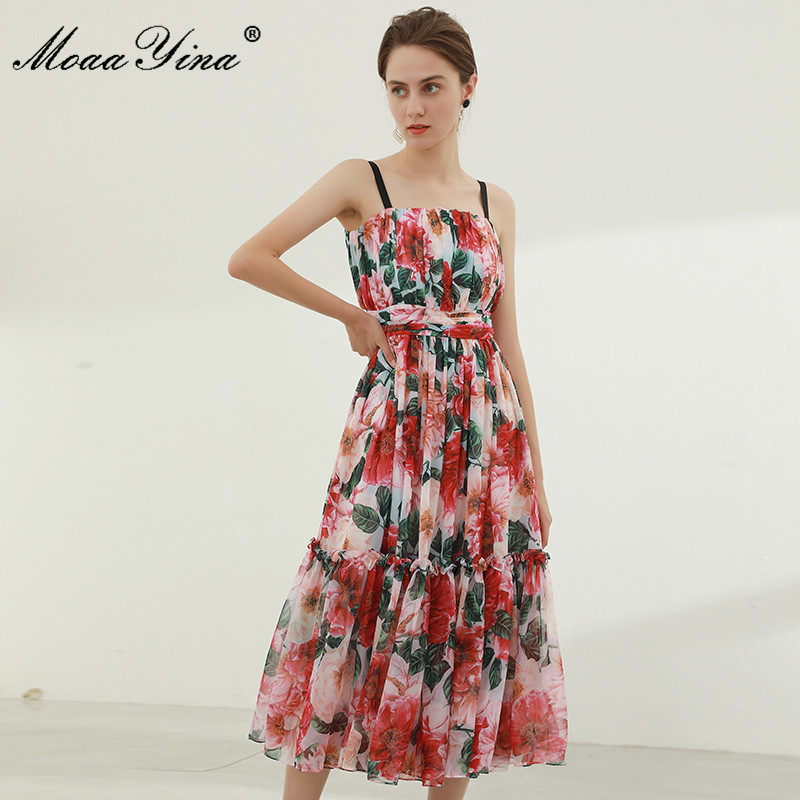 Women's Summer Sexy Spaghetti Strap Dress High waist Floral print Vacation Bohemian Ladies Chiffon Midi 210524