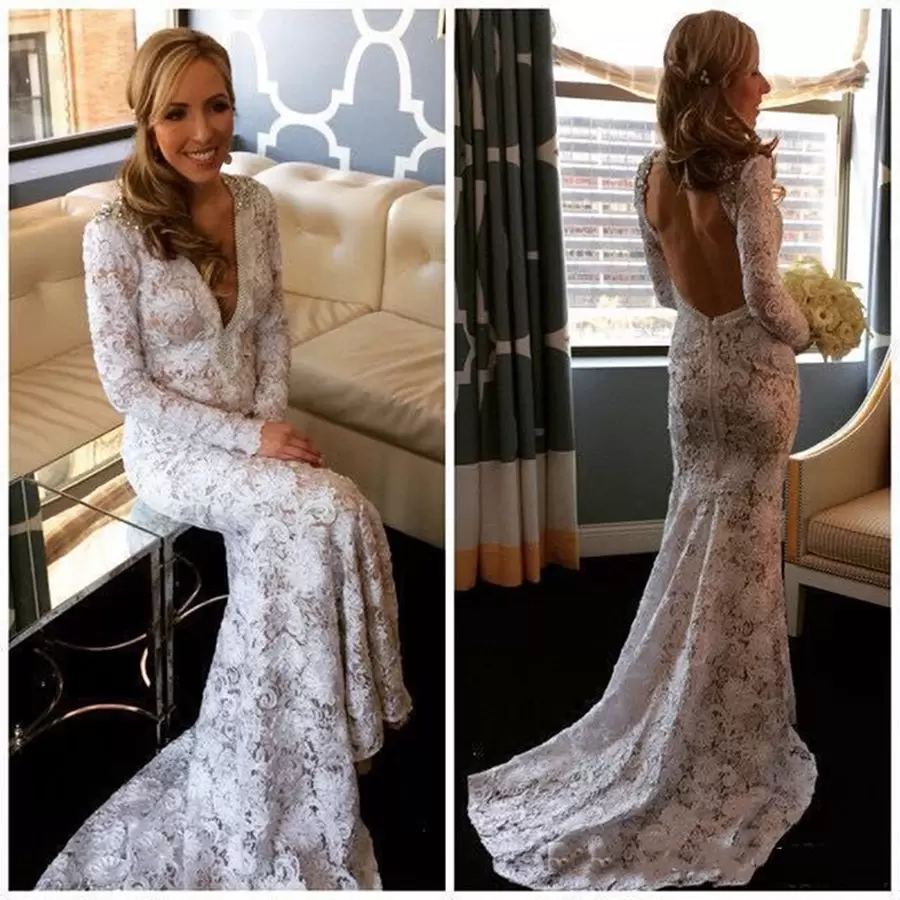 Gorgeous Lace Mermaid Wedding Dresses Bridal Gown Sexy Long Sleeves V Neck Backless Boho Beach Sweep Train Beaded Crystals Custom Made Plus Size Vesti