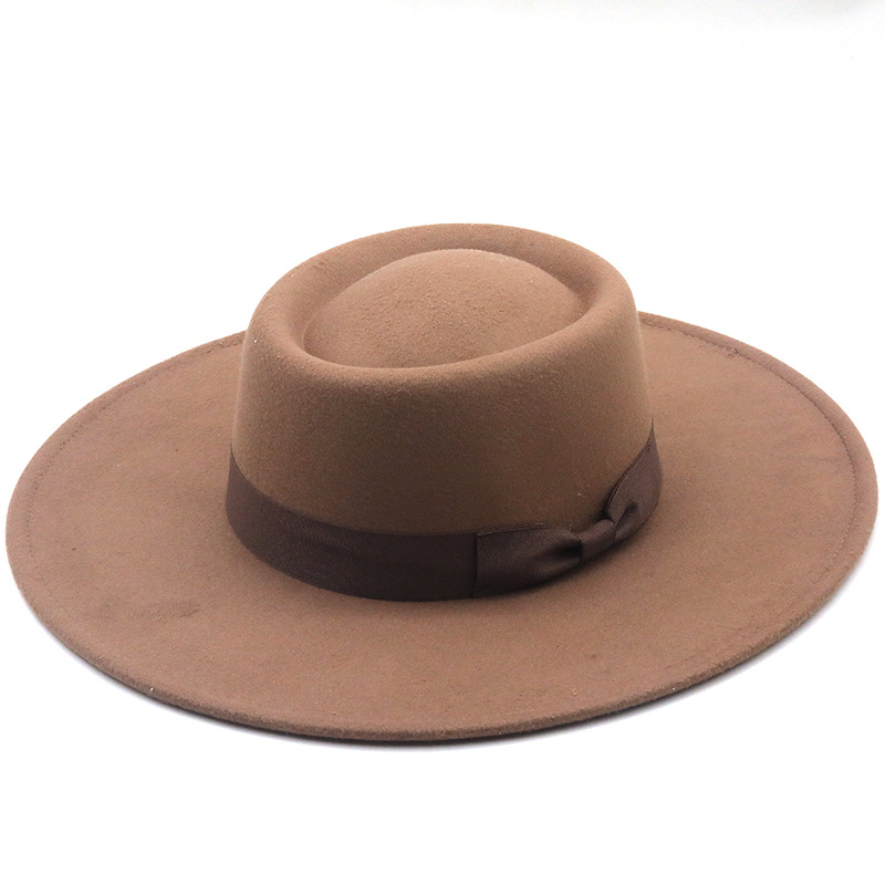 95 Cm Wide Brim Plain Black Flat Top Hat Boater Women Wool Fedora Felt Hats with Bowknot Vintage Church Wedding Panama Cap261m6463