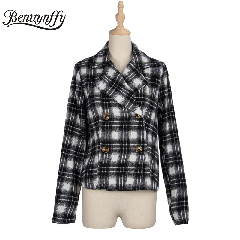 Notched Collar Double Breasted Plaid Blazer Women Autumn Winter High Street Long Sleeve Ladies Outwear Tweed Jacket 210510