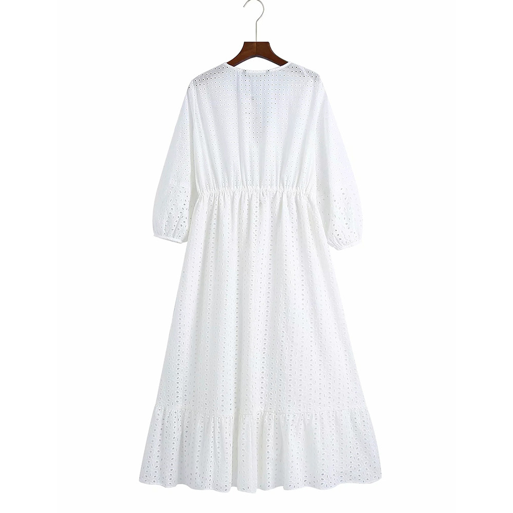 BBWM Women Summer White V-Neck Dress Sleeve Buttons Bow Tie Slim Casual Female Elegant Party A-Line Dresses Clothes Vestidos 210520