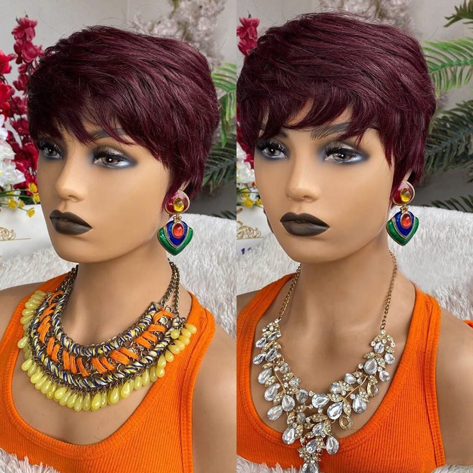 Short Wigs With Bangs Burgundy Red Highlight Virgin Hair Pixie Cut Human Hair Wigs For Black Women Cheap Hair Straight Bob Wigfactory direct