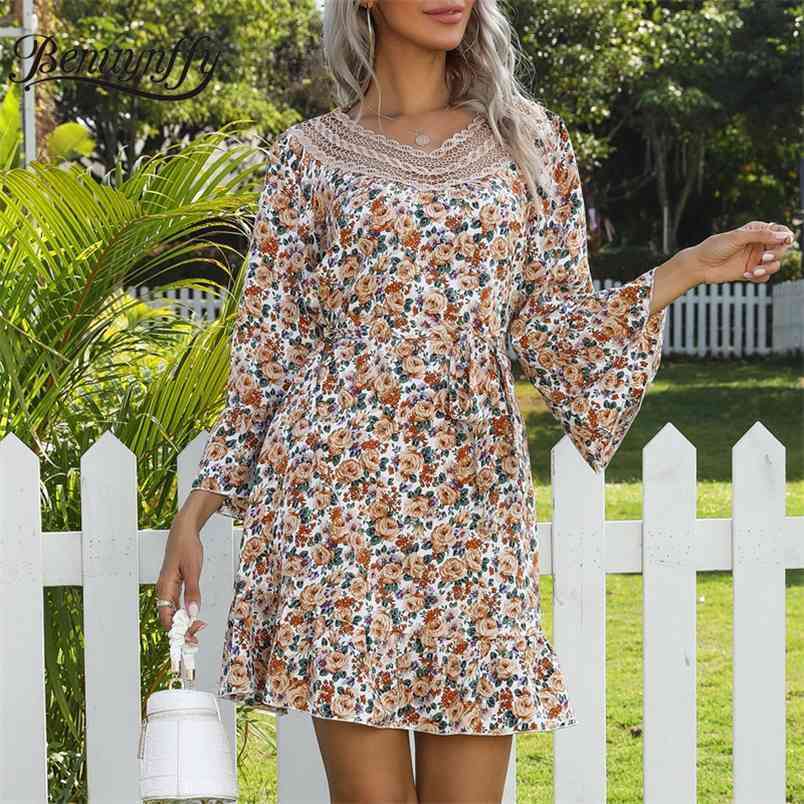 V-neck Hollow Out Ruffle Hem Mini Dresses with Belt Women Summer Boho Casual 3/4 Flare Sleeve Elegant Floral Dress 210510
