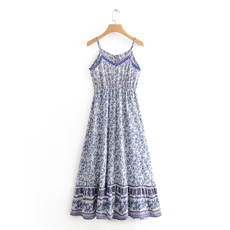 beauty Fashion Boho Style Floral Print Sling Dress Women Holiday Chic Bow Tie Long Dresses Female Summer Beachwear 210514
