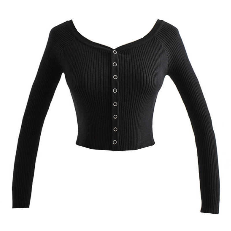 WOMENGAGA American Slash Neck Shoulder Single-breasted Long-sleeved Top Knitwear Sexy High Waist Short Navel Sweater Women UZO1 210603