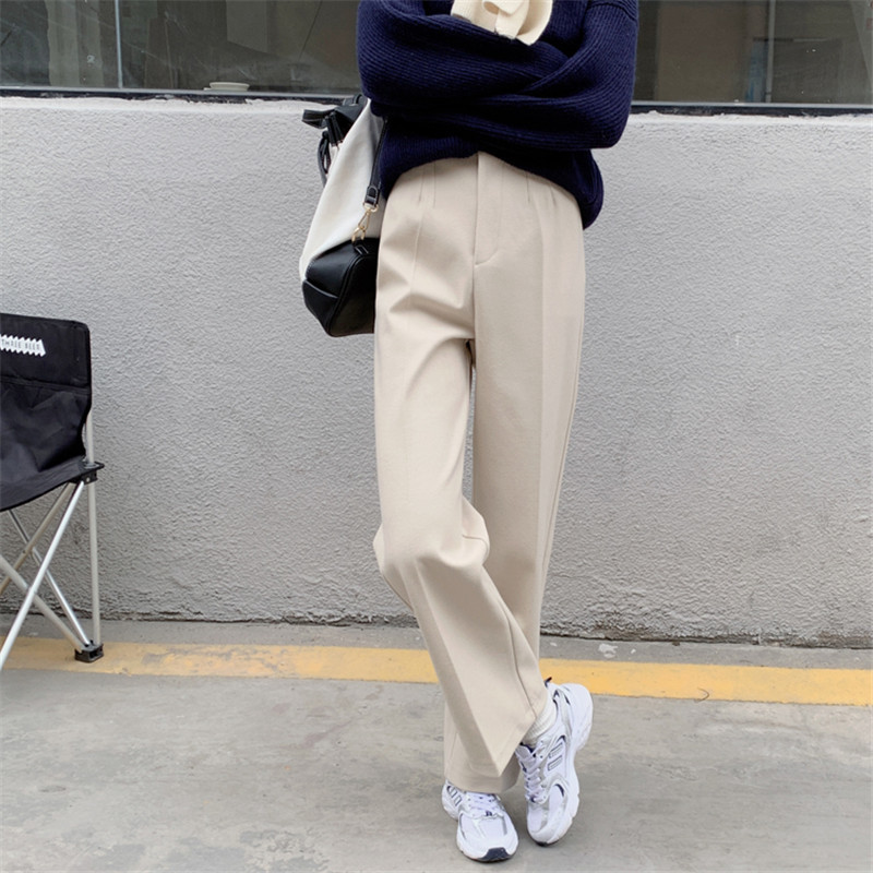 OL Minimalist High Waist Wide Leg Woolen Pants Women Autumn Winter Work Solid Casual Straight Suit Trousers 210421