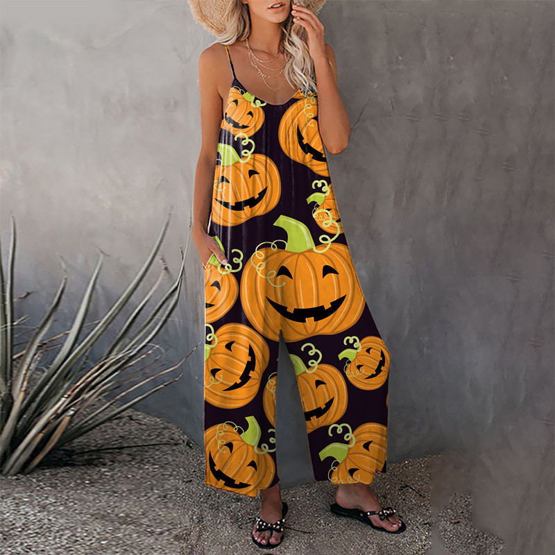 Women's 2021 Fall New Street Hipster Halloween Jumpsuit Printed Hanging Band Loose Casual Strap, Black;white 
Women's 2021 Fall New Street Hipster Halloween Jumpsuit Printed Hanging Band Loose Casual Strap, Black;white