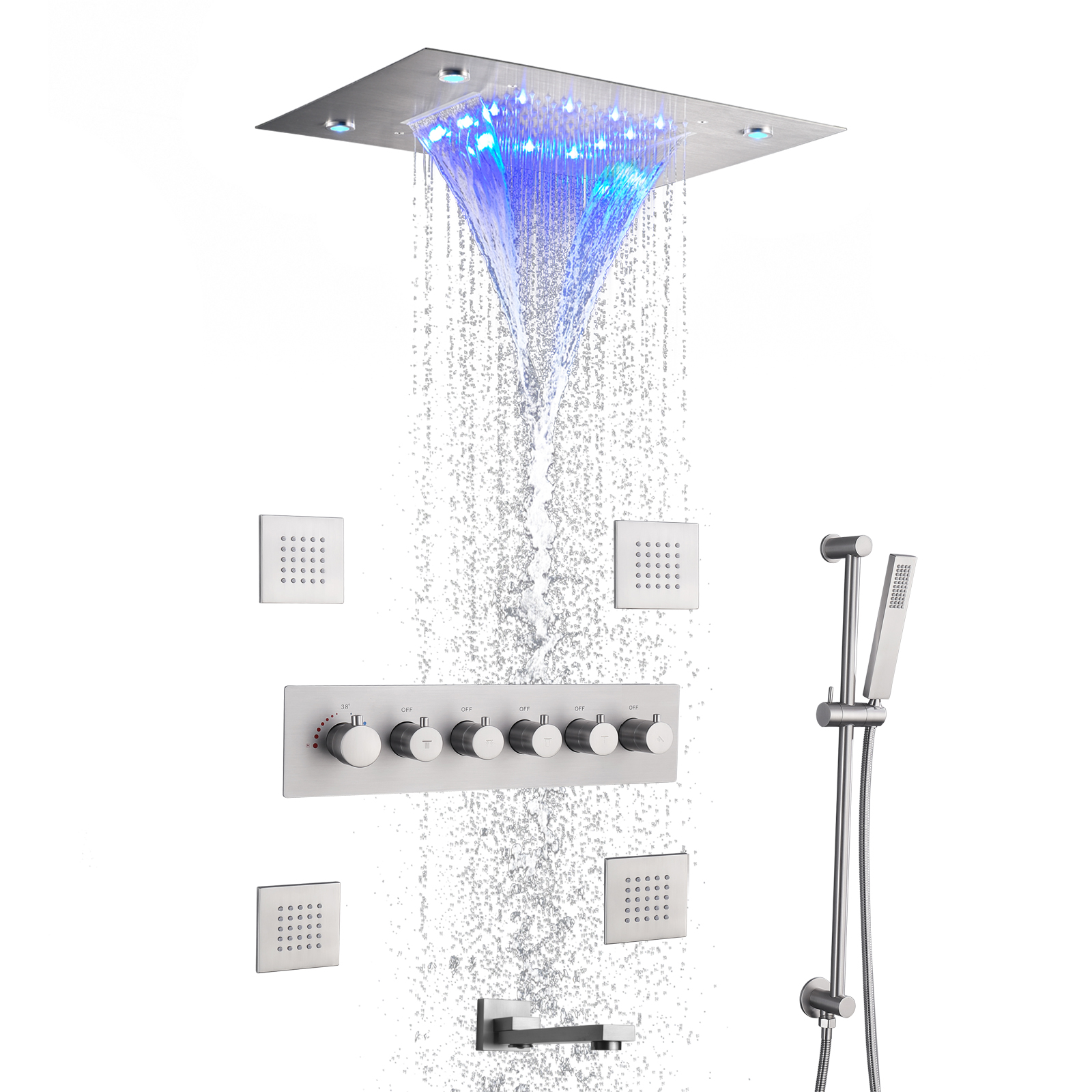 Thermostatic Brushed Rain Shower Faucet System Bathroom Mixer Set Ceil Mounted 14 X 20 Inch LED Waterfall Rainfall Shower Head
Thermostatic Brushed Rain Shower Faucet System Bathroom Mixer Set Ceil Mounted 14 X 20 Inch LED Waterfall Rainfall Shower Head