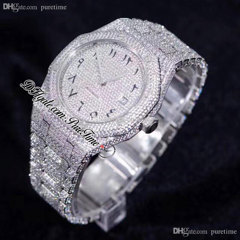 

2021 Paved Diamonds 15400 A3120 Automatic Mens Watch Arabic Script Fully Iced Out Watches Stainless Steel Bracelet Super Luxury Edition Bling Jewelry Puretime B2, Customized enhanced waterproof service