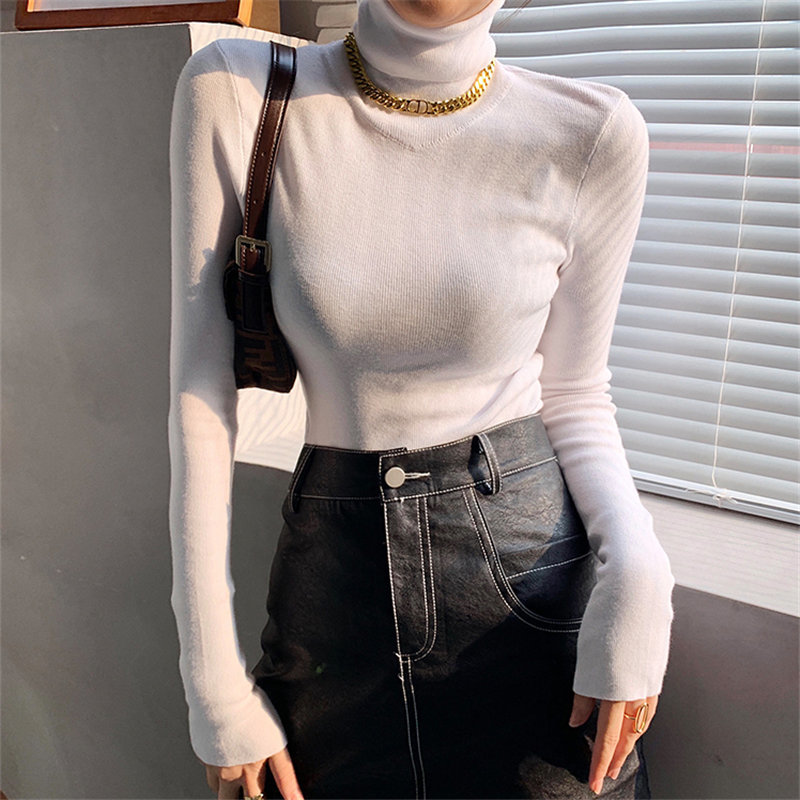 Streetwear Vintage Basic Slim Turtleneck Office Lady Fashion Retro Knitted Elegant High Quality Solid Tops Sweaters 210421