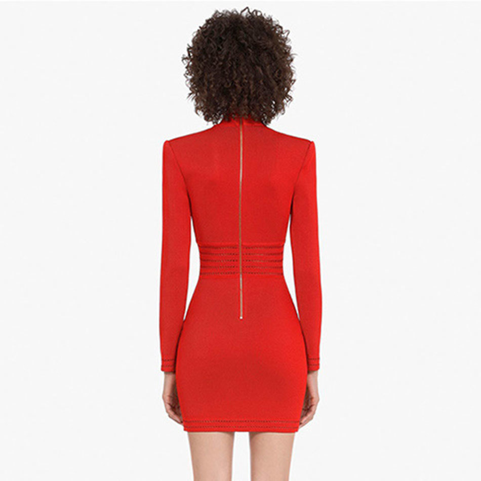 Free Autumn Women Bodycon Dress Red Sexy V-neck Long Sleeve Button Hollow Knit Club Evening Party 210524