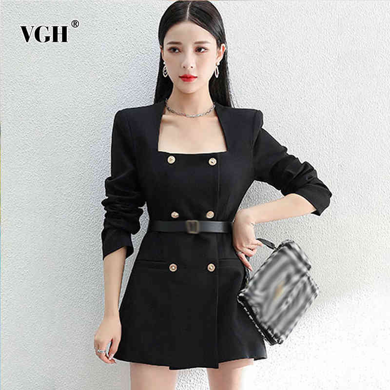 VGH Black Elegant Dress For Women Square Collar Long Sleeve High Waist Slim Dresses Female Spring Clothing Fashion New Tide 210421