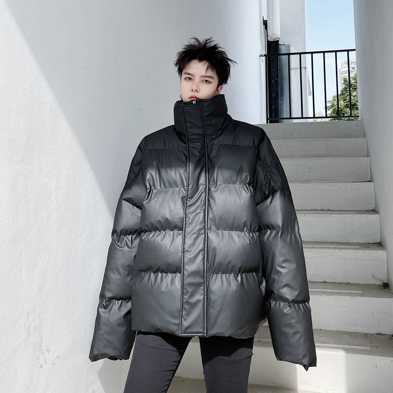 IEFB Winter PU leather back folded cotton padded jackets for men loose stand collar oversized clothes black coat 9Y4434 210524