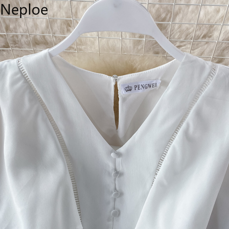 Neploe Sweet Dresses Summer Ladies Vestidos V Neck Hollow Out Ruffles Maxi Robe Elegant High-waist A-line Chiffon Dress 210422