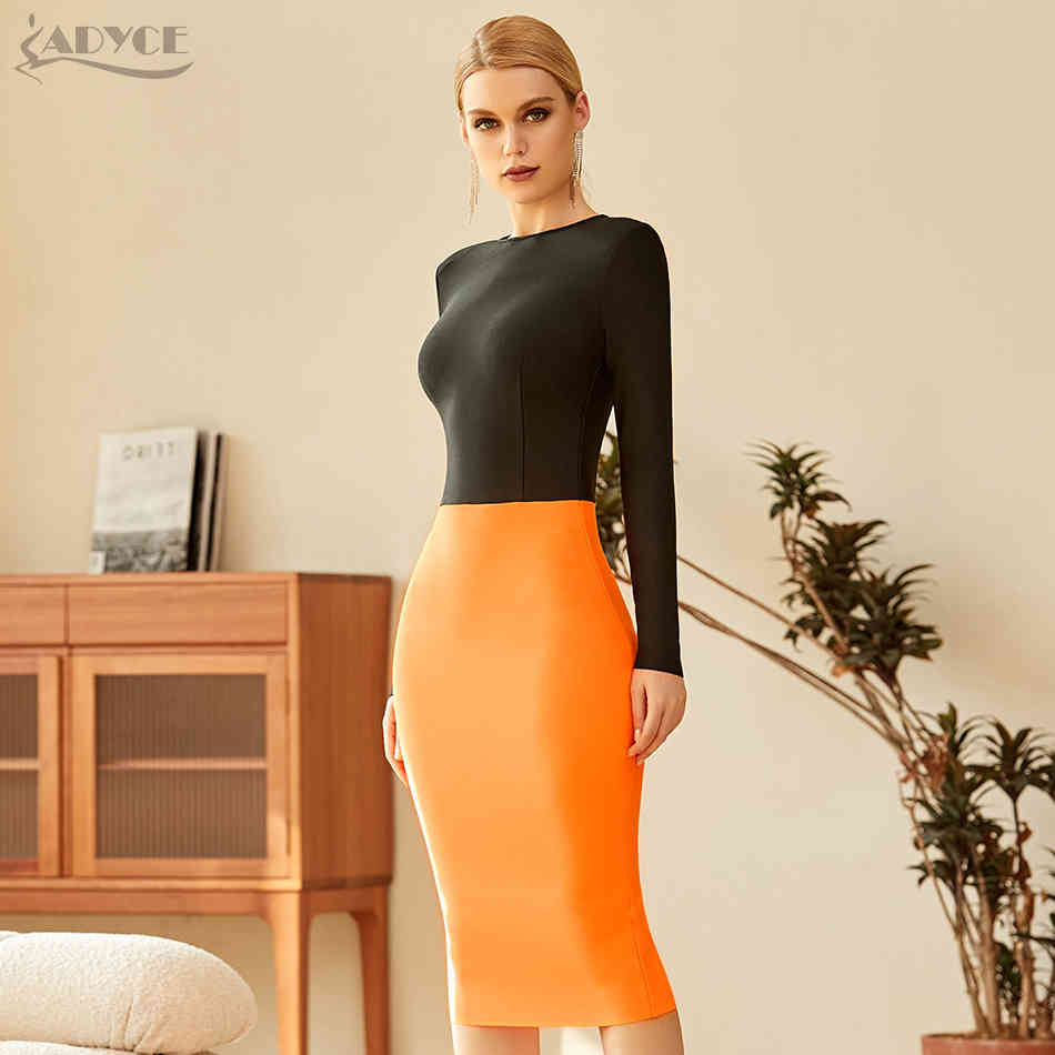 Winter Women Long Sleeve Bandage Dress Sexy O Neck Black Patchwork Midi Club Celebrity Runway Party Bodycon 210423