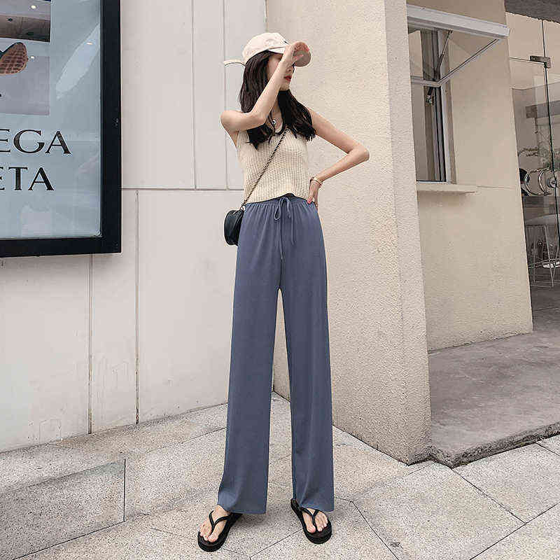 High Waist Soft Comfort Women Pants Casual Summer Slacks Ice Silk Full Length Long Trousers Female 211115
