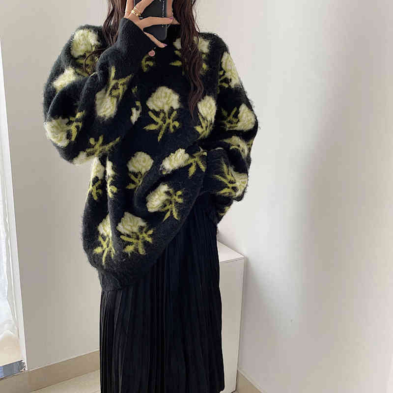 Comelsexy Knit Autumn Winter Vintage Pullover Flower Embroidery Casual Loose Sweater O-Neck Outwear Tops 210515