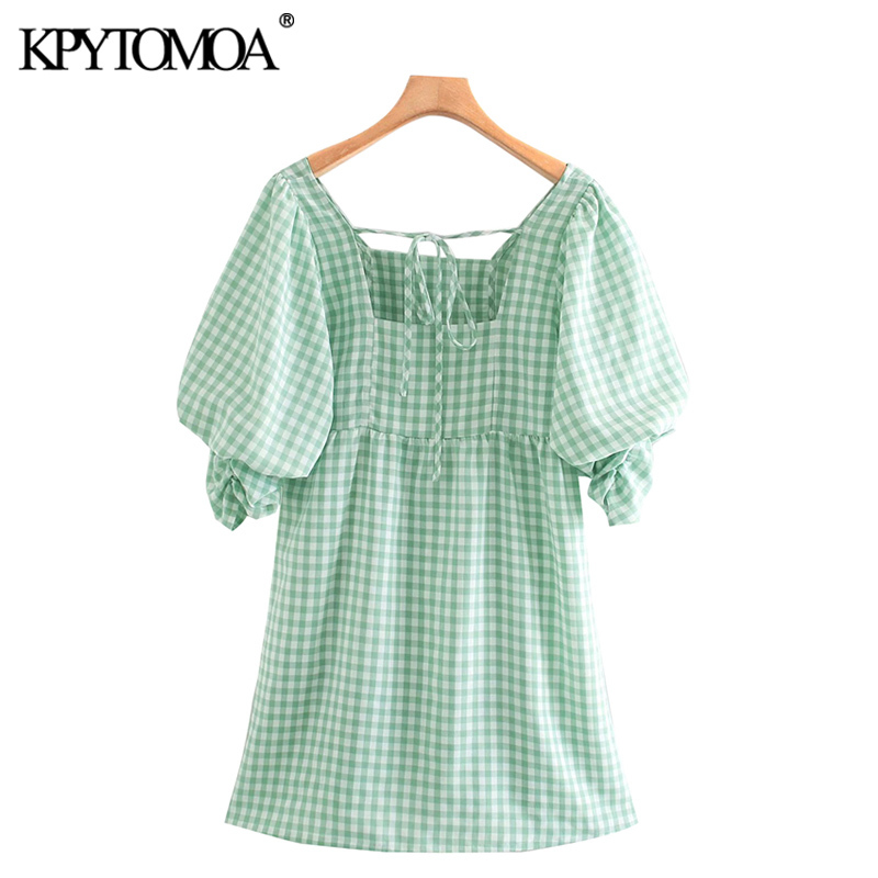 Women Sweet Fashion Back Tied Plaid Mini Dress Square Collar Short Sleeve Female Dresses Vestidos Mujer 210420