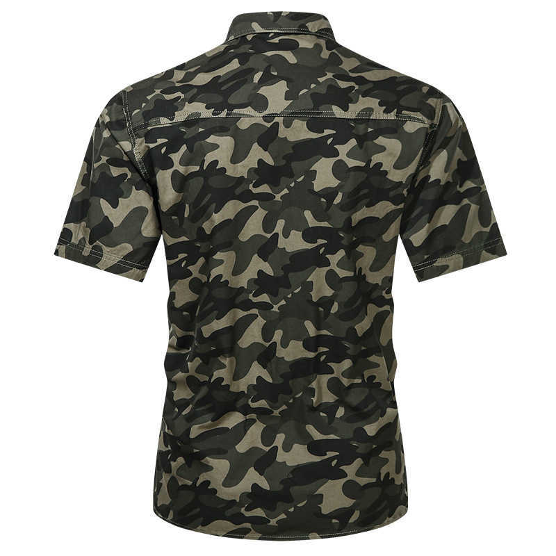 Camouflage Short Sleeved Shirts Men Summer Army Green Cotton Denim Shirts Casual Tooling Shirts Slim 2 Pockets Men's Blouse 210603