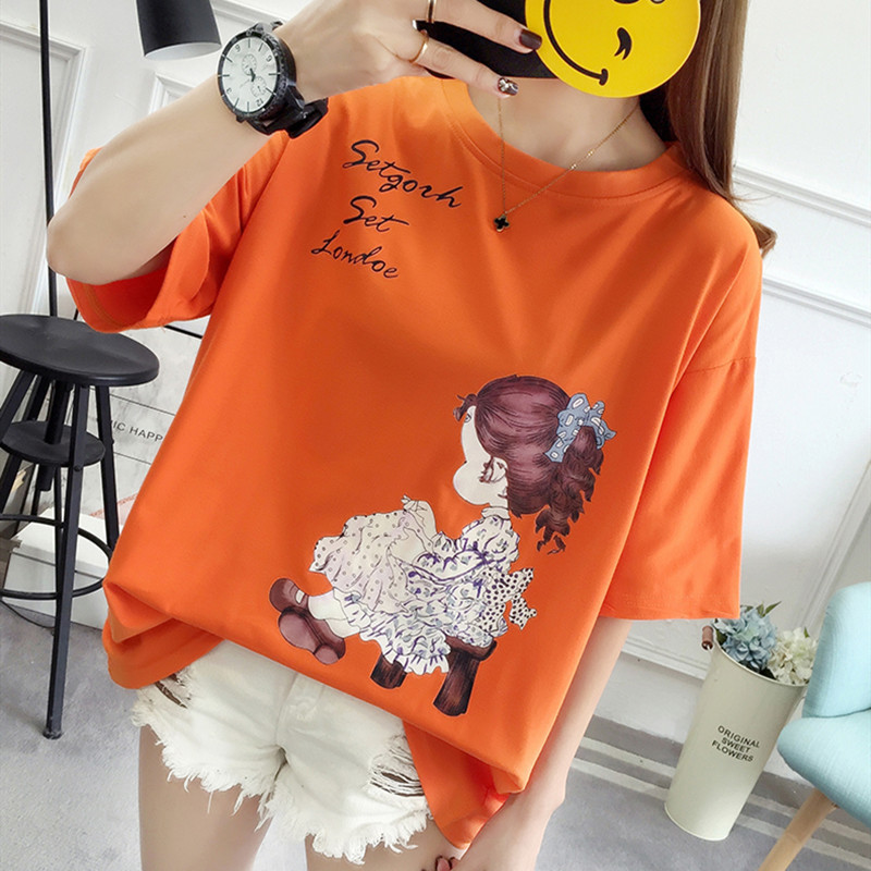 Short Sleeve Simple Cotton black red Tshirt Lady Plus Size Women's Loose Cartoon T-shirt Youth Cotton Casual Tshirt 210406