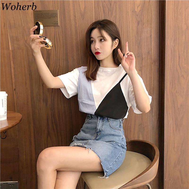 Summer T Shirt Women Striped Patchwork Contrast Tee Tops O-Neck Tshirts Korean Kawaii Short Sleeve Rops Femme 210519