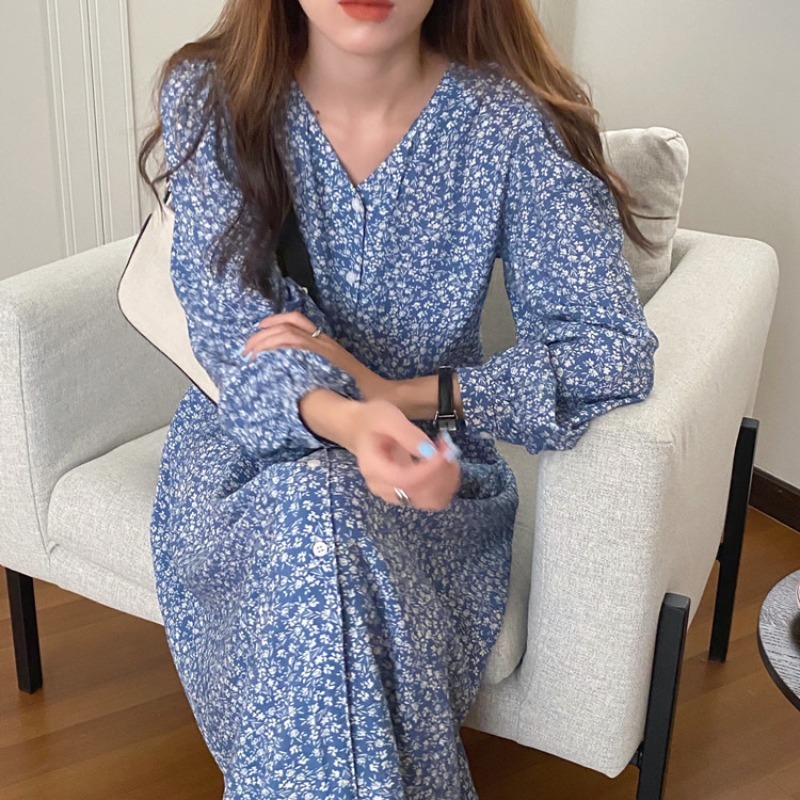 Spring Vintage Floral Pleated Chiffon Casual Slit Dress Women Sleeve Elegant V Neck Loose Long Dresses D12701X 210416