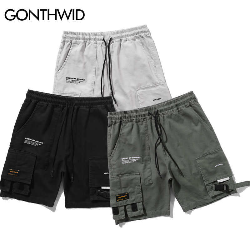 GONTHWID Side Buckle Multi Pockets Cargo Shorts Mens Fashion Casual Short Trousers Streetwear Hip Hop Elastic Waist Pants 210714
