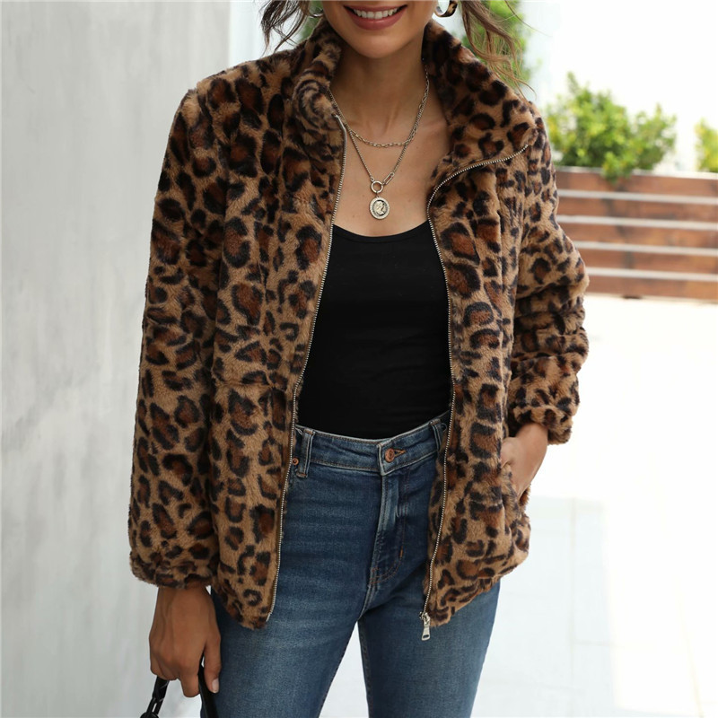 Evfer Women Vintage Leopard Print Winter Thick Jackets Female Fashion Animal Autumn Long Sleeve Zipper Loose Jacket Coats 210421