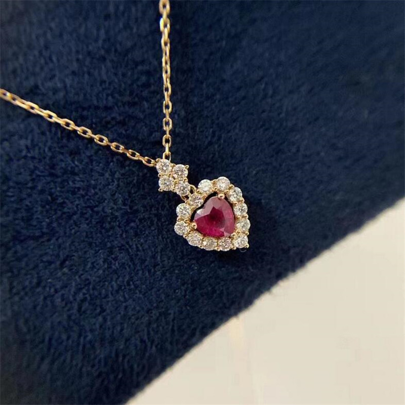 Ins Top Sell Sparkling Brand Jewelry Sterling Sier&Gold Fill Heart Pendant Ruby CZ Dia Gemstones Party Women Wedding Clavicle Necklace Gift