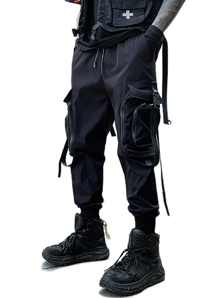Zipper Big Pockets Ribbons Hip Hop Men's Harem Ripped Sweatpants Joggers Trousers Male Fashion Punk Full Length Pencil Pants