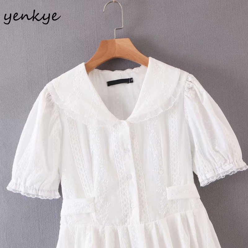 YENKYE Summer Dress Sweet Women Sexy Lace Trims White Dress Female Peter Pan Collar Short Sleeve Sashes A-line Mini Vestido 210515