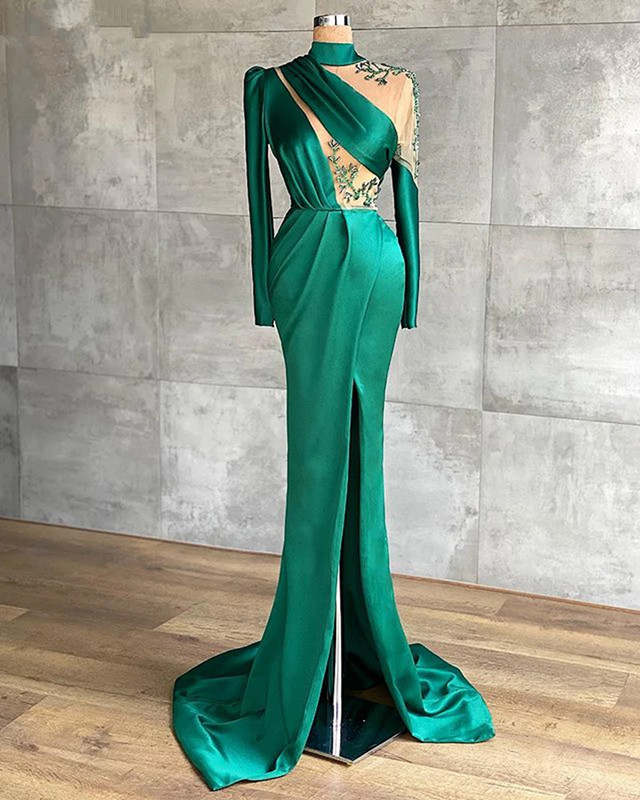 Long Sleeve High Neck Mermaid prom dresses wear Front Slit Dubai Women Green lace Satin Long Evening Dresses 2021