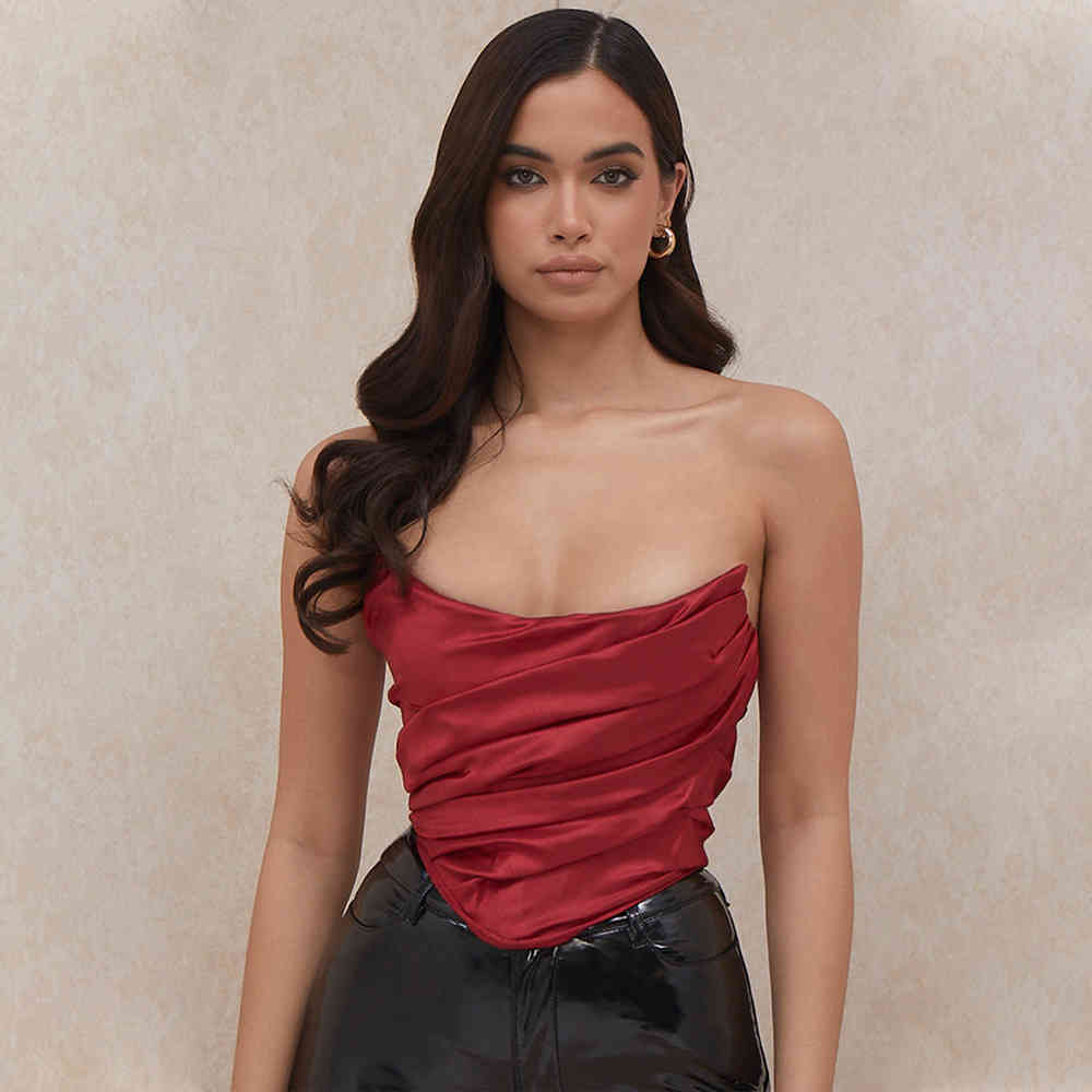 Summer Women Fashion Red Strapless Mini Tops Sexy Sleeveless Draped Celebrity Evening Party Out Wear Crop 210423