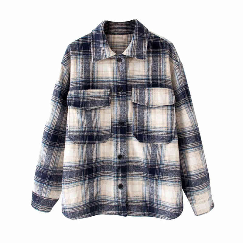 Women Casual Plaid Blue bsk Cotton Long Jacket Female Spring Fashion Single Breasted Loose Shirt Outwear Double Pocket 210421