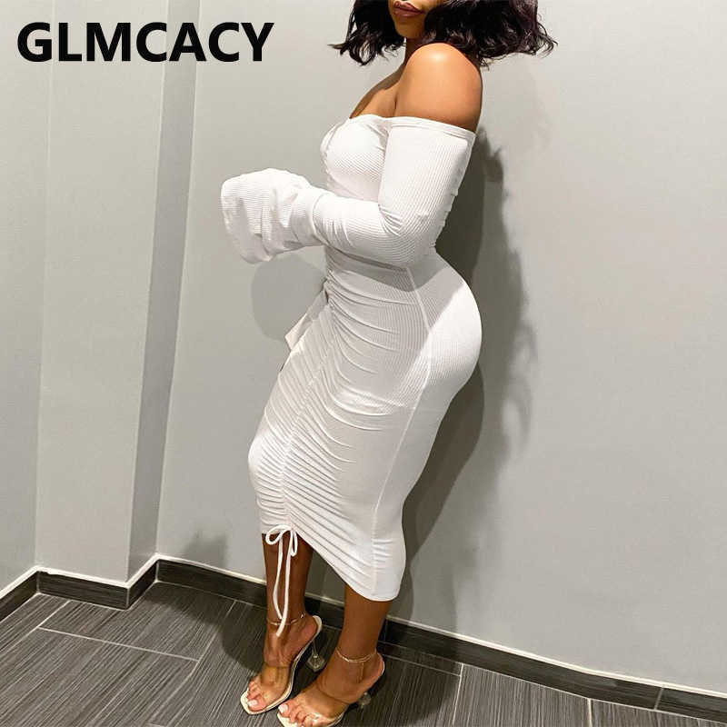 Women Flare Sleeve Off Shoulder Bodycon Dress 210623