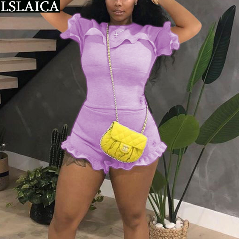 Wholesale Items Short Sleeve Tshirt&short Pants Summer Suit for Women Solid Ruffled Fashion Ruched Casual Women's Knitwear 210520