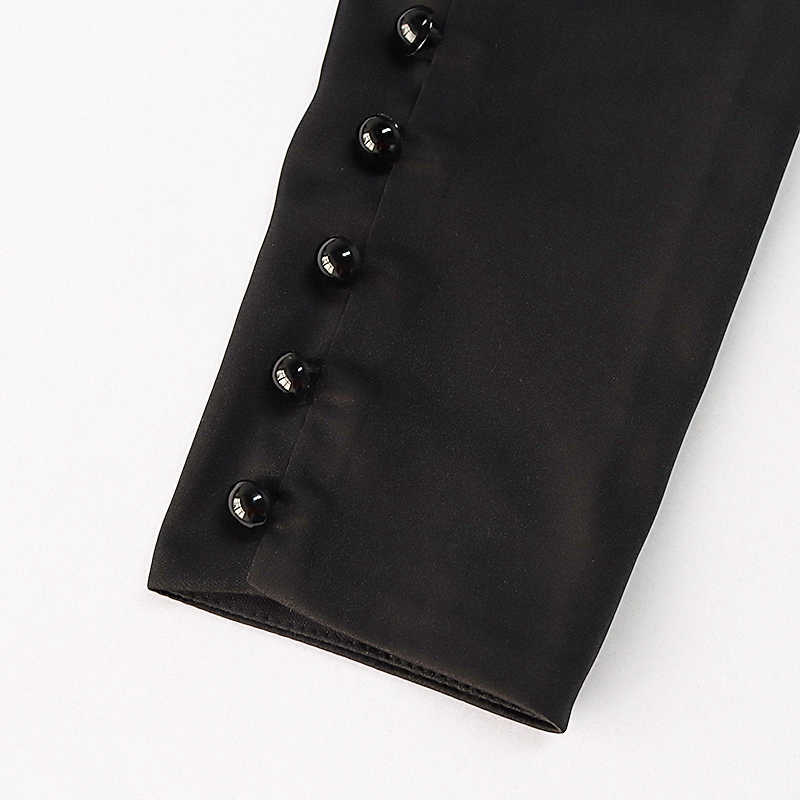 Colysmo Puff Sleeve Shirts Off Shoulder Top Elastic Lining Back Boning Zipper Buttons Black Satin Crop Fashion Women Blouses 210527