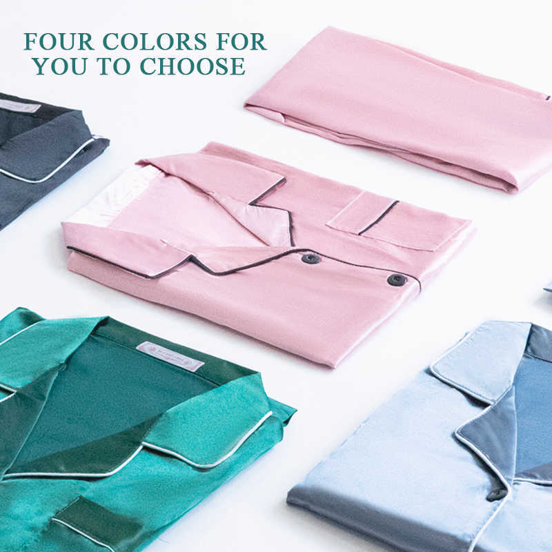 2 Pieces Faux Silk Satin Pajamas Set Autumn Women Silky Skin Friendly Nightwear Simple Comfortable Home Long Sleeve Clothes 211007