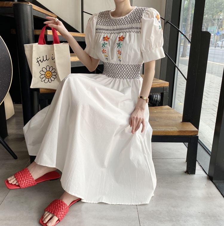 Summer Sweet O-Neck Floral Embroidery Party Dress Korean Elegant Vintage High Waist Chic Long Dress Vestidos 210518