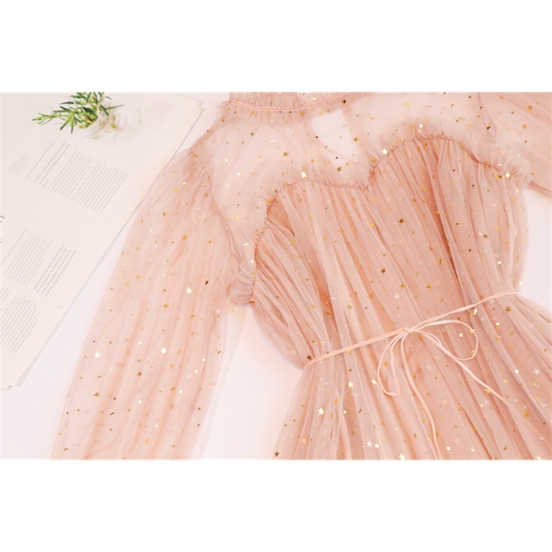 Comelsexy Fashion See Through Sequined Dresses Vestidos Varano Romantic Sexy Mesh Sweet Cute Loose Ruffles Casual Dress 210515