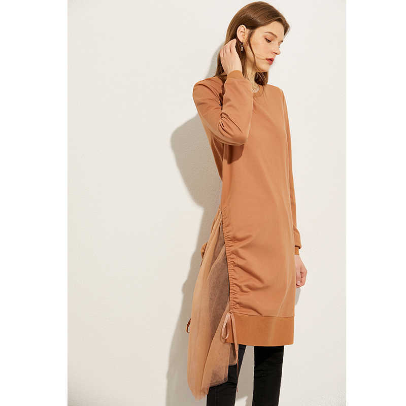 Minimalism Autumn Fashion Solid Spliced Lace Women Hoodies Causal Oneck Loose Long Female Pullover Tops 1129 210527