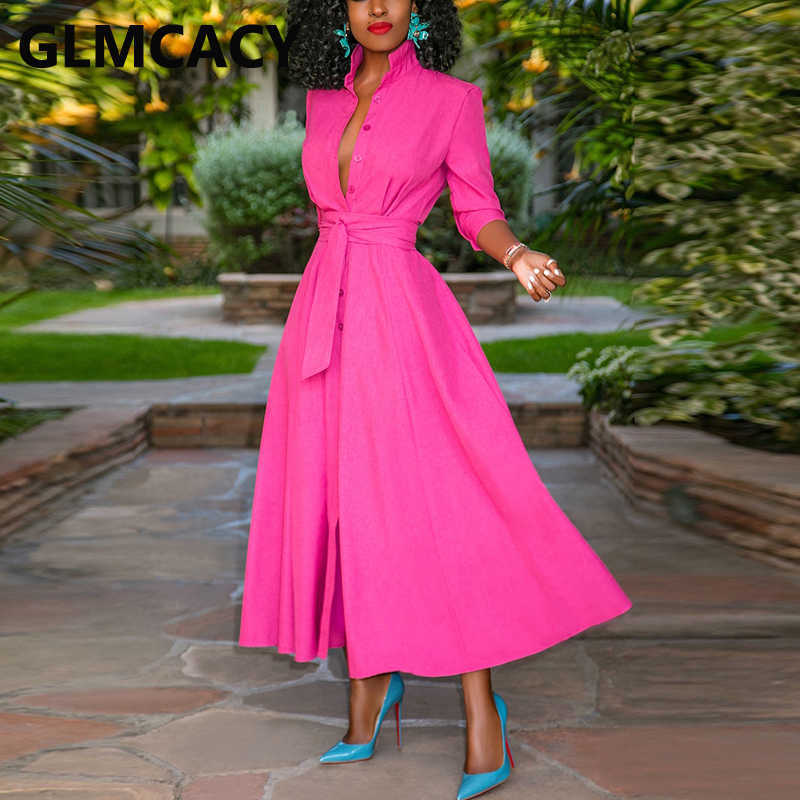 Half Sleeve Elegant Belted Button Down Slit Maxi Dress 210702