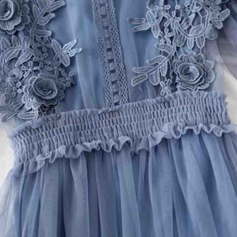 Lotus Leaf Collar Short Sleeve Party Dresses Summer Sweet Mesh Patchwork Lace Dress Two Pieces Women Long Dress Vestidos 210521