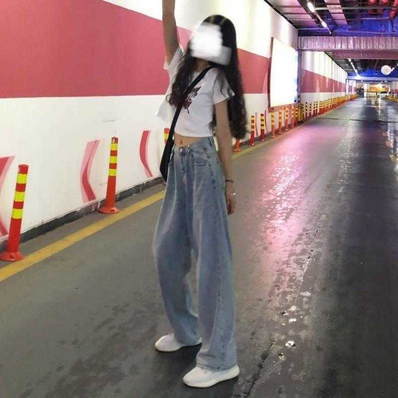 Korean Fashion Straight Jeans Women Autumn/summer Loose Adjustable High-waisted Broad-legged Drag Long Pants Baggy 210708