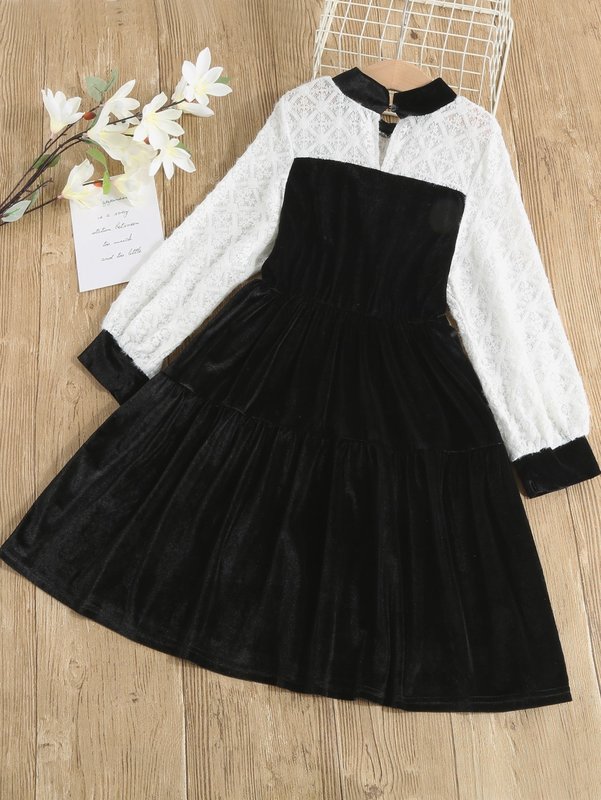Girls Contrast Lace Keyhole Back Velvet Dress SHE