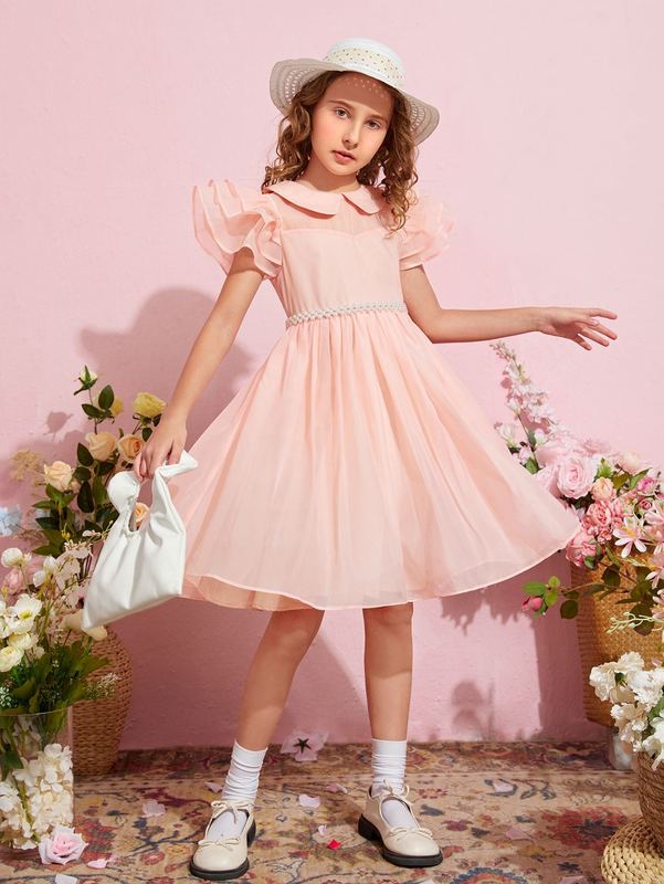 Girls Peterpan Collar Pearls Beaded Layered Sleeve Dress SHE