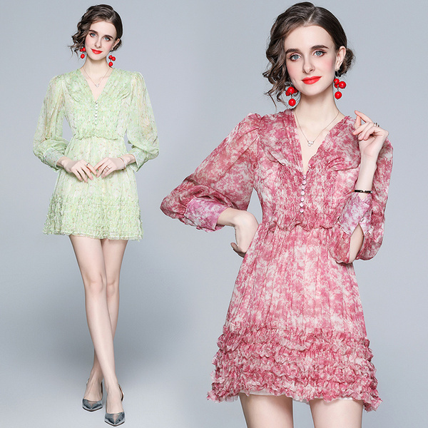 Elegant Dresses For Women Lantern Sleeve Sweet Chiffon Flowers Ruffles party Summer High Waist Casual Slim Female 210519