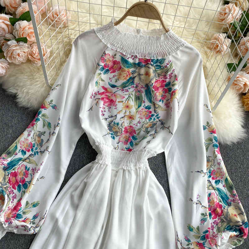 LoveFlowerLife Spring Autumn Vintage A Line Slim Print Dress Puff Sleeve O Neck Mid Calf High Waist Women Party Dresses 210521